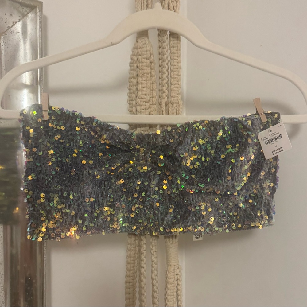Free People Iridescent Sequin Bandeau Top - Gray with Multicolor Sparkle